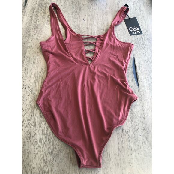 Chaser Rust Red Colored Criss-Cross One Piece Swim Suit - M - Picture 3 of 4